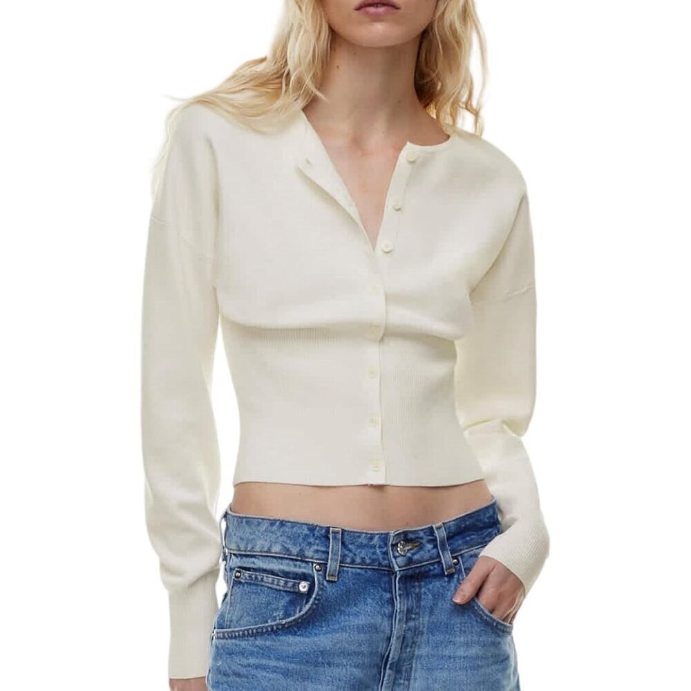 Women's Cropped Sweater V Neck Long Sleeve Casual Ribbed Knit Cardigan